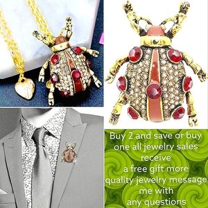 Gold plated red champagne crystal ladybug necklace/broach